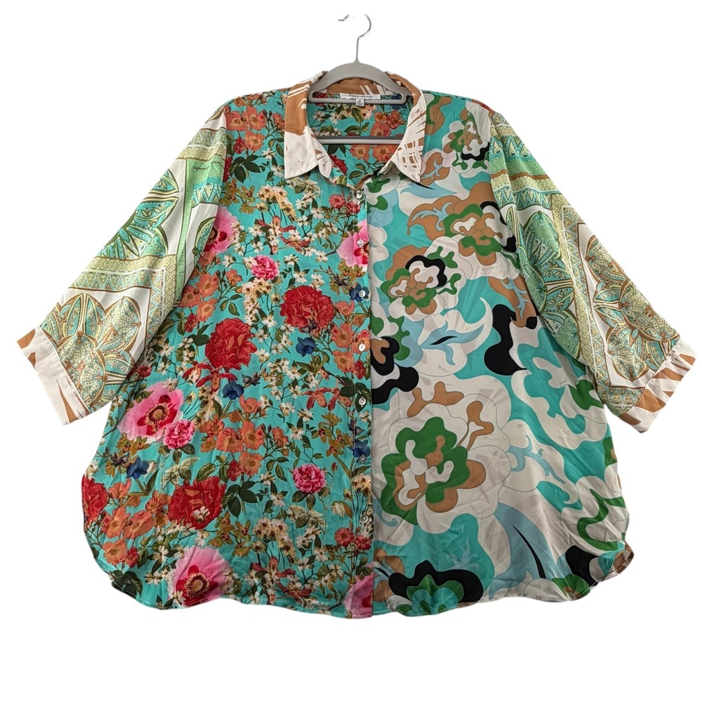 Rose + Olive Floral Geometric Tunic Button Down Blouse Womens Plus 2X Oversized